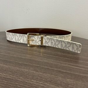 Michael Kors White and Brown Monogram Leather Gold Buckle Belt